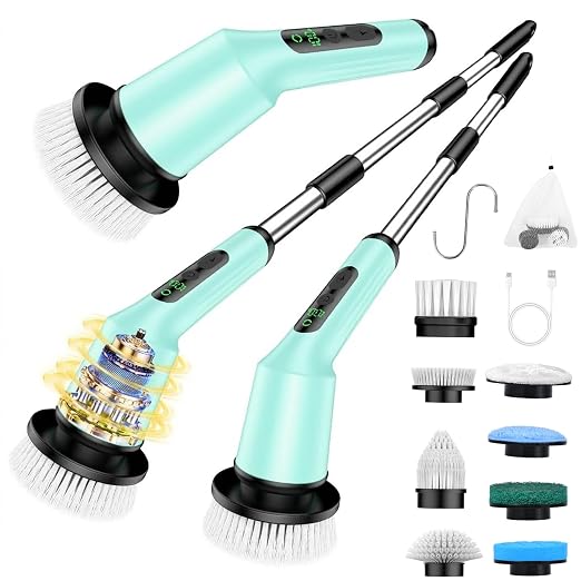 Shower Scrubber with Long Handle, Bathroom Cleaner Brush with 8 Floor Machine Pads, Cordless Electric Spin Scrubber for Cleaning with 2 Speed, Cleaning Supplies for Bathtub Kitchen Floor Mint