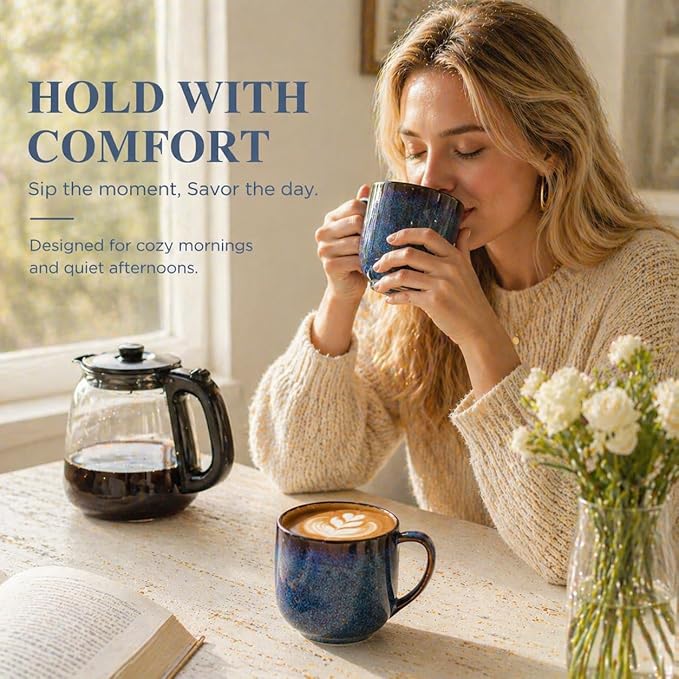 LERATIO Ceramic Coffee Mugs Set of 6,12oz Handmade Coffee Mugs Set | Large Handle for Cappuccino/Latte/Tea/Hot Cocoa,Oven &Dishwasher & Microwave Safe-Blue