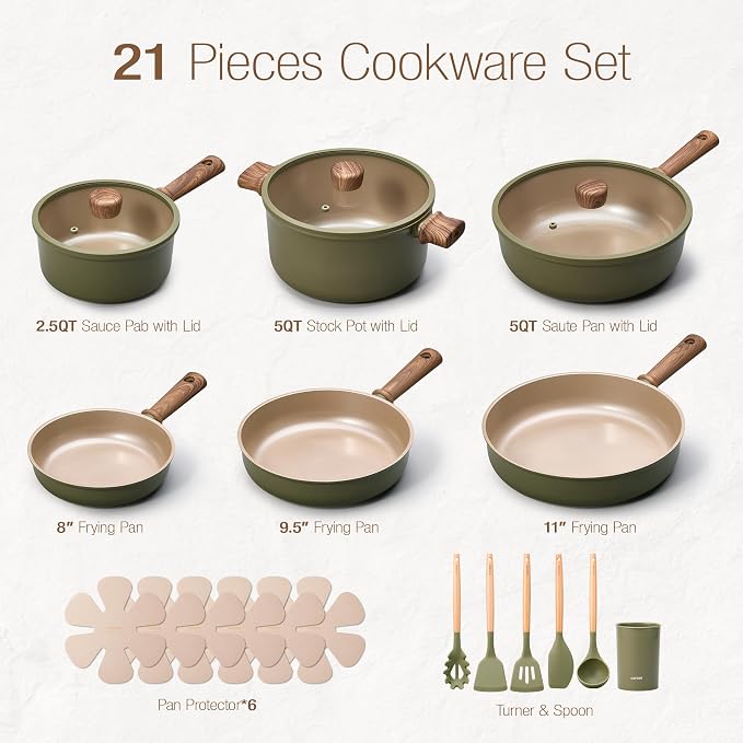 CAROTE 21pcs Ceramic Cookware Set Nonstick Pots and Pans set, Induction Cookware Set Kitchen Cooking Sets, Pot and Pan Non Stick w/Frying pan (PFAS Free), Green