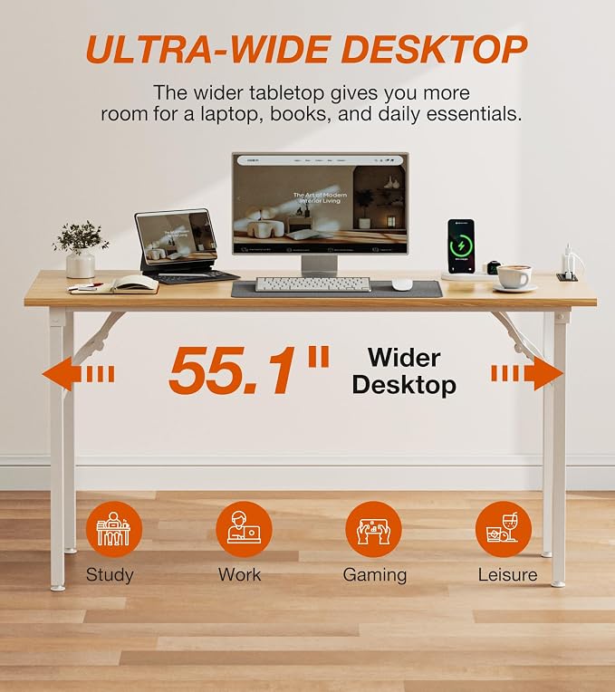 XBurmo Small Folding Desk Folding Table, No Assembly Foldable Desk Gaming Desk, 55.1-Inch Computer Table Workstation with 2 AC Outlets and 2 USB Ports for Bedroom and Home Office, Light Maple