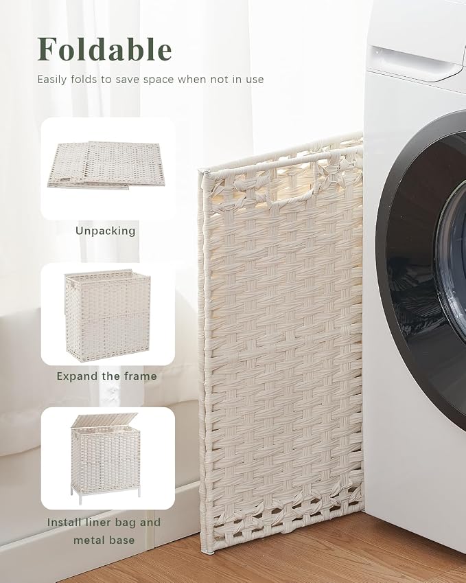 SETVSON Laundry Hamper with Lid, Large 132L Rattan Basket, White | 3-Section Large 35 Gal Clothes Hamper, 3 Removable Bags, Heightened Metal Feet, 6 Mesh Laundry Bags, Steel Frame