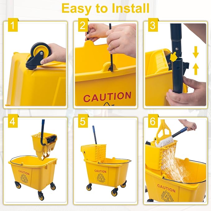 Kefanta 35 Qt Side Press Wringer Combo Commercial Mop Bucket on Wheels Set,Yellow,Include 1 Heavy Duty Industrial Mop for Floor Cleaning and Wet Floor Caution Sign
