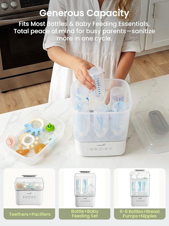 Grownsy Bottle Sterilizer and Dryer, 6 Bottles Capacity, Space Saving Nesting Design Bottle Sanitizer Esterilizador de Biberones for All Size Bottles & Breast Pump Accessories, Travel Set Included