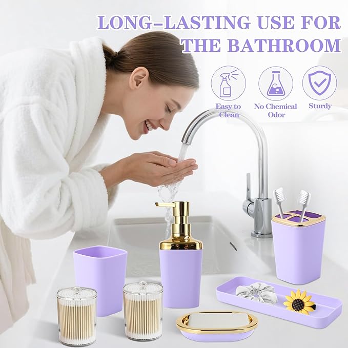 XLHOMO Purple Bathroom Accessories, 24 Pieces Purple and Gold Bathroom Accessories Set with Shower Curtain, Bath Towels, Trash Can, Soap Dispenser and Soap Dish for Bathroom/Housewarming