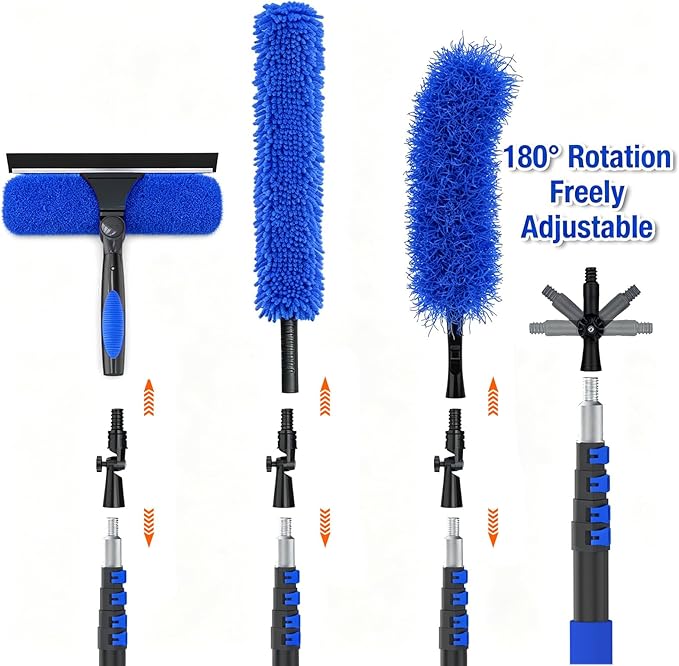 26FT Reach Duster Kit, Window Cleaning with 5-20FT Telescoping Extension Pole, High Ceiling Duster, Microfiber Feather Duster, Cobweb Duster, Window Squeegee, Feather Duster, Extendable Pole Kit
