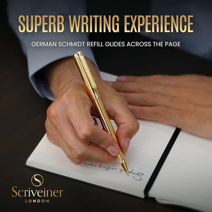 Scriveiner Personalized Gold Rollerball Pen - Stunning Luxury Pen, Real Gold Plating, Schmidt Ink Refill, Best Engraved Roller Ball Gift Set for Men & Women, Custom Name Engraving