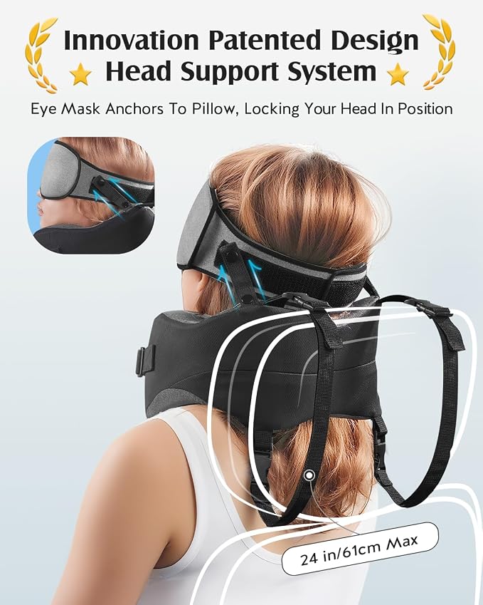 YFONG Travel Pillow for Long Flight Airplane, Head Strap Combo with 3D Contoured Sleep Eye Mask, Neck Pillow for Travel Essential, 360° Support Memory Foam Headrest, Prevent Bobbing, Drawstrap - Grey
