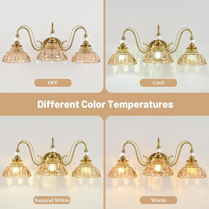 Vintage Bathroom Vanity Light, 3-Light Brushed Gold Finish Wall Sconce with Hanging Crystal Accents and Flower-Shaped Amber Glass Shades, Retro Wall Mount Vanity Light Over Mirror for Bathroom