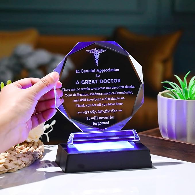 Movdyka Doctor Appreciation Gifts Glass Plaque, Laser Engraved Doctor Gifts for Men Women with LED Base, Unique Retirement Gifts for Doctors, Best Doctor Ever Thank You Gift, Doctors Day Keepsake
