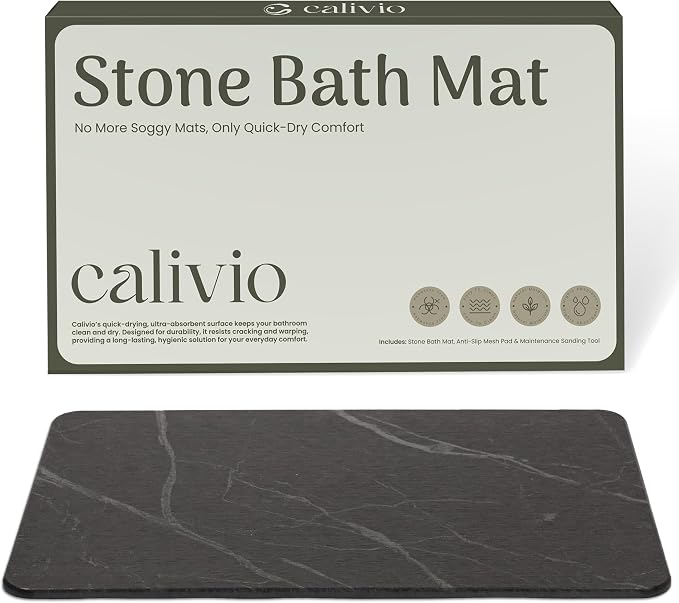 Quick Dry Shower Stone Bath Mat, Super Absorbent & Non-Slip 24 x 16 Inch Diatomaceous Earth Mat, Durable & Easy to Clean Diatomite Bath Mat for Bathroom Floor/Kitchen (Charcoal)