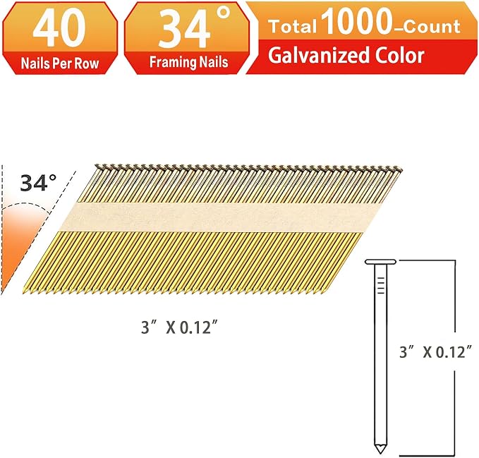34°Framing Nails,Smooth Shank,3":1000pcs | D Head Nail Pack,Galvanized Paper Tape Strip Nails,for 30 to 34 Degree Framing Nailer
