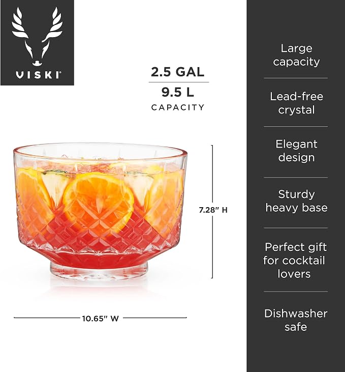 Viski Admiral Crystal Punch Bowl - Vintage Style Glass Punch Bowl for Parties - Serveware for Cocktails, Dishwasher Safe 2.5 Gallons 320oz Set of 1.