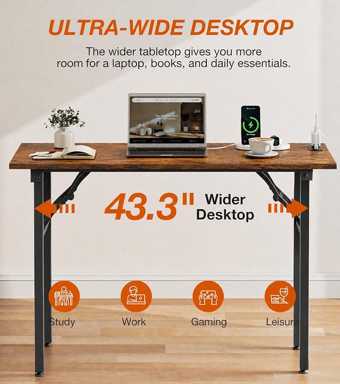 XBurmo Small Folding Desk Folding Table, No Assembly Foldable Desk Gaming Desk, 43.3-Inch Computer Table Workstation with 2 AC Outlets and 2 USB Ports for Bedroom and Home Office, Rustic Brown