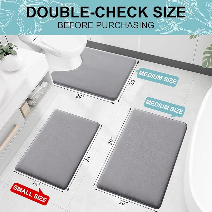 Smiry Memory Foam Bath Mat 30x20, Extra Soft and Absorbent Bathroom Mats, Non Slip Washable Carpet for Floor, Shower and Tub, Medium Grey