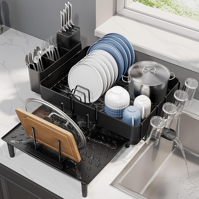 Urackify Expandable Dish Drying Rack, Stainless Steel, Large Capacity | Multifunctional Drainboard for Kitchen Countertop, Removable Cutlery Tray, Foldable Cup Holder, 20.4"L x 20"W, Black