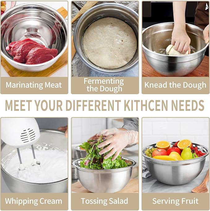 WEPSEN Mixing Bowls Set, 25PCS Khaki Mixing Bowls With Lids Set Stainless Steel Kitchen Large Nesting Metal Bowl 7QT to 1.5QT, Measuring Cups and Spoons for Prepping Cooking Serving