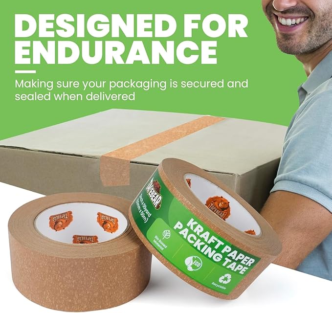 TAPEBEAR Eco-Friendly Kraft Paper Tape with Dispenser, Biodegradable Heavy Duty Packing Tape 2Inch x 55Yard, Recyclable Packaging Tape Self Adhesive Box Tape for Shipping, Sealing, Moving, 6Rolls