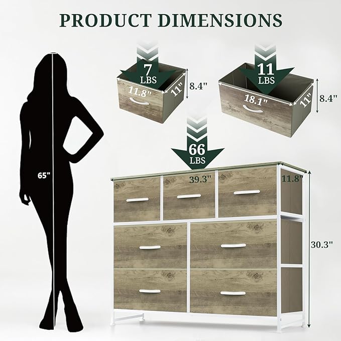 7-Drawer Dresser for Bedroom, Anti-Tip Wide Storage Organizer Fabric Chest of Drawers TV Stand for 45" TV with Wooden Top and Metal Frame for Closet, Living Room, Hallway, Entryway, Greige Oak