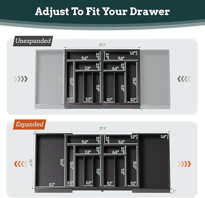 Silverware Organizer Large, Magnetic Connected Expandable 13 Slots Silverware Drawer Organizer From 21 to 37.4 Inches, Adjustable Flatware and Cutlery Holder, Bamboo Utensil Tray for Kitchen Black