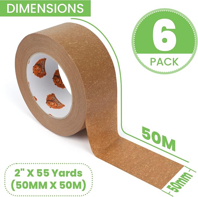TAPEBEAR Eco-Friendly Kraft Paper Tape with Dispenser, Biodegradable Heavy Duty Packing Tape 2Inch x 55Yard, Recyclable Packaging Tape Self Adhesive Box Tape for Shipping, Sealing, Moving, 6Rolls