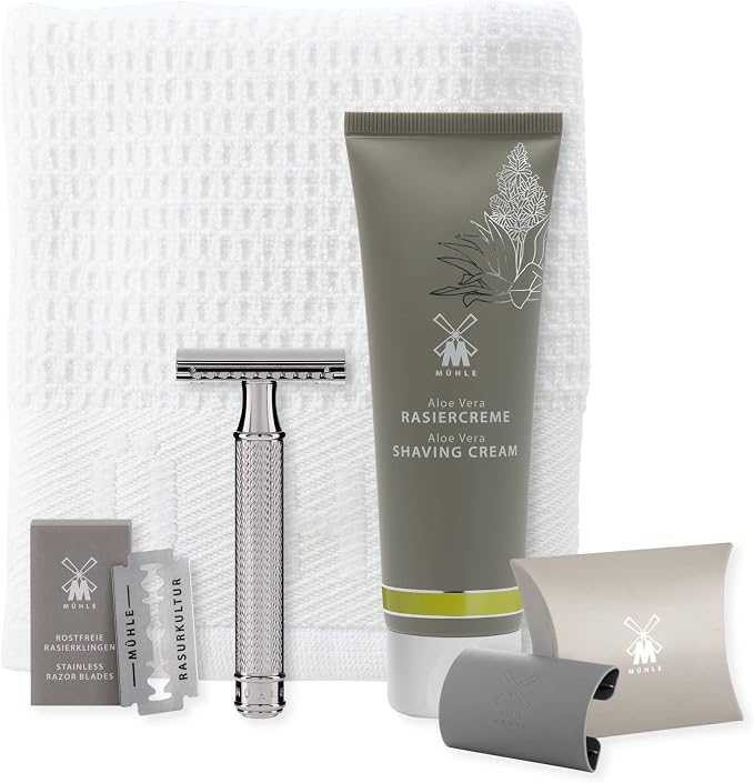 MÜHLE R 89 Shaving Set 5 Pieces - Safety Razor with Closed Comb Chrome-Plated Metal Blade, Cream, Cloth - Silver