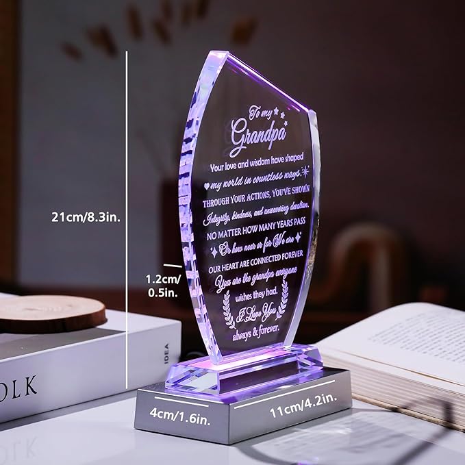 Birthday Gifts for Grandpa from Grandkids Glass Plaque Unique Present To My Grandpa with Colorful Led Base, Grandfather Gift for Thanksgiving Christmas Retirement Fathers Day