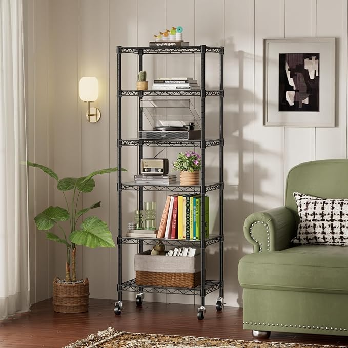 SINGAYE 6 Shelves Storage Shelf Wire Shelving Unit Metal Adjustable Wheels | Small Shelf Storage with Wheels Organizers Closet Unit for Bathroom Laundry Room Kitchen Pantry11.5D x 17.5W x 61.5H Black