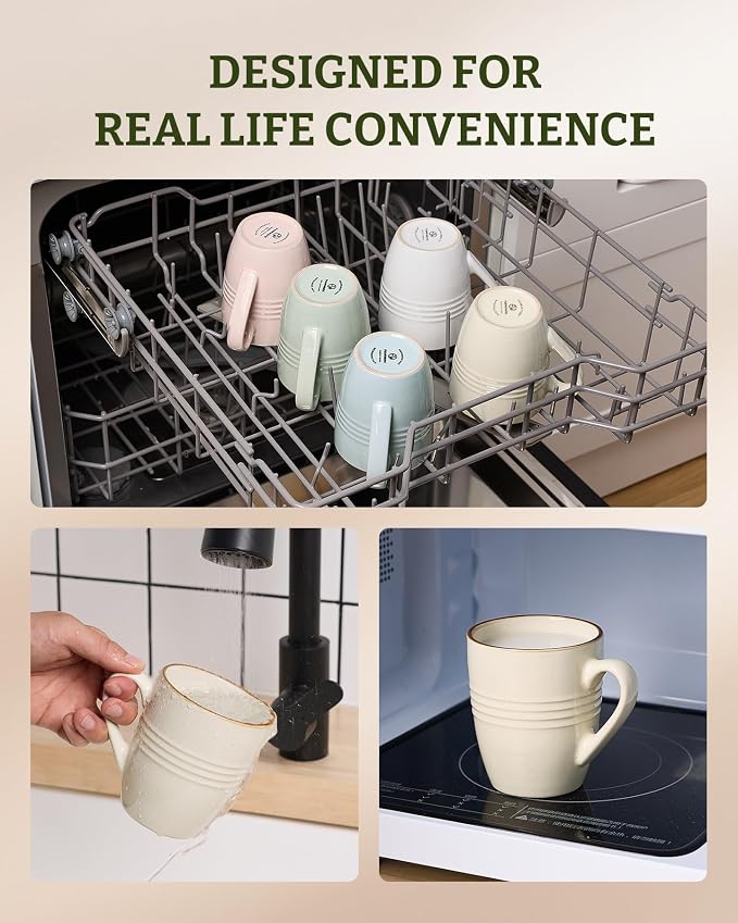 famiware Jupiter Coffee Mugs Set of 6, 13oz Coffee Mug, Microwave and Dishwasher Safe, Coffee Cups with Handle for Coffee, Tea, Cocoa, Milk, Vanilla White