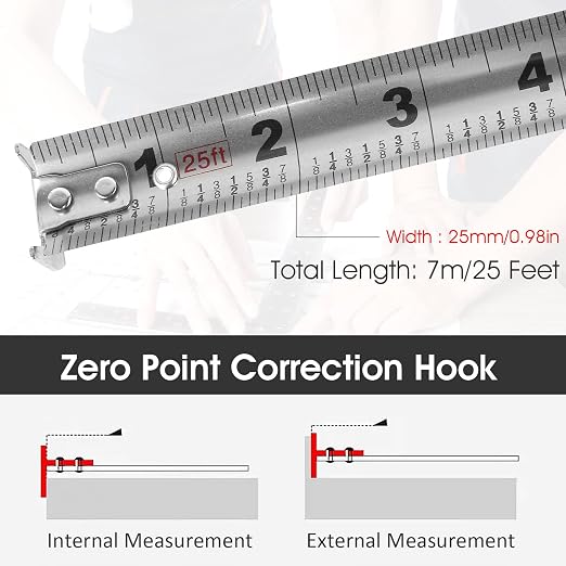 Tape Measure, 25'FT Foot/7.5M Stainless Steel Double Sided Scale Retractable Measuring Tape, Anti Fall Wear Resistant Metric Ruler, Hollow Design, Self Lock