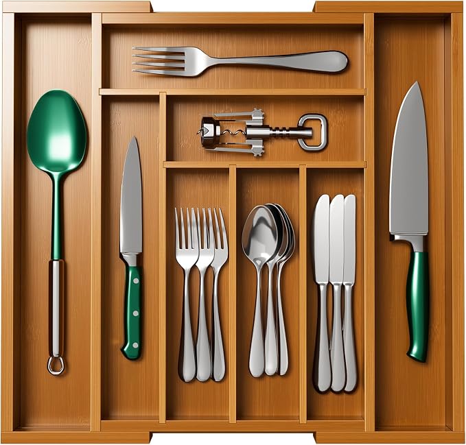 Pipishell Bamboo Expandable Drawer Organizer for Utensils Holder, Adjustable Silverware Organizer Cutlery Tray, Drawer Dividers for Utensils, Flatware, Knives in Kitchen, Bedroom, Living Room(M-Brown)