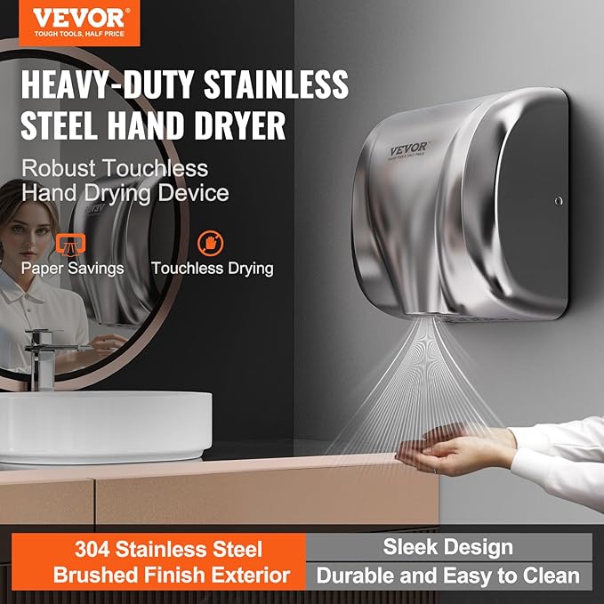 VEVOR Heavy Duty Commercial Hand Dryer, 1300W Automatic High Speed Stainless Steel Warm Wind Hand Blower, 120V Plug in/Hardwired Two Power Options, Compliant for Industry Business Restrooms