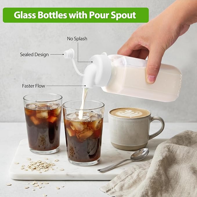 Moretoes Glass Milk Container for Lunch Box, 3 Pack 16 Oz Glass Milk Bottles with Lids, Clear Juice Bottles with 1 Pour Spouts, Reusable Water Bottles with Airtight Caps & Scale for Juicing Containers