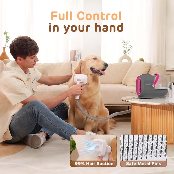 HEAPETS Dog Grooming Vacuum Kit - 3L Vacuum with 7 Tools, Low Noise Electric Clipper and Brush for Pet Shedding at Home, Gray