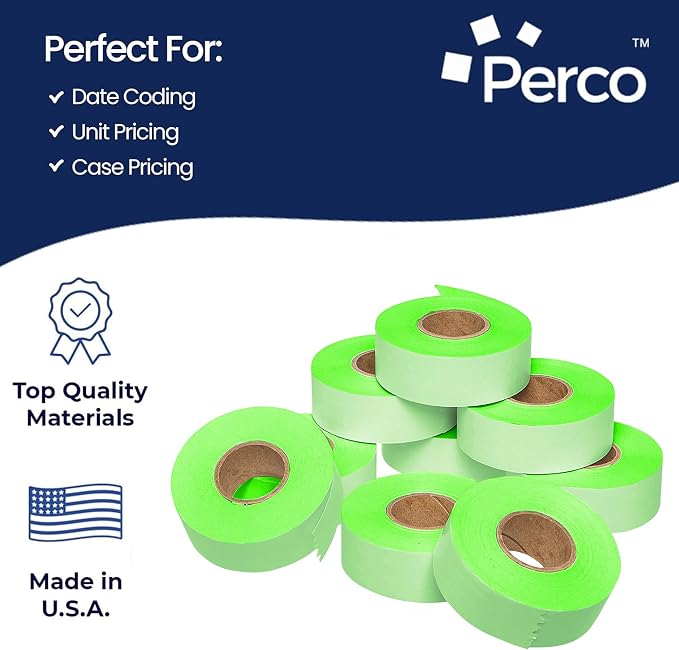 Perco Fluorescent Green Price Marking Labels - 36,000 Blank Labels for Garvey 22-66/22-77/22-88 Two Line Pricing Gun with Ink Rolls Included - 36 Rolls, 4 Sleeves - Made in USA