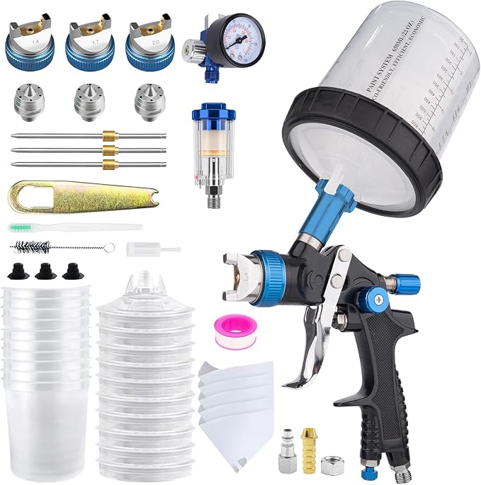 HVLP Air Spray Gun Kit Includes 10 Disposable 650ml Paint Cups with 1.4/1.7/2.0mm Nozzles. The Automotive Paint Spray Gun can be Used for Primer, Clear Topcoat Application (Blue)