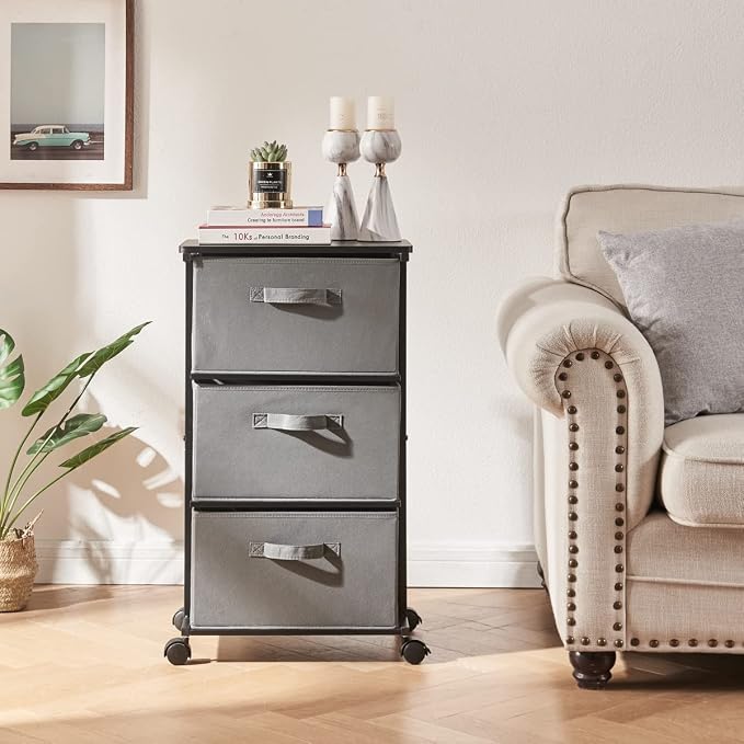 MAX Houser Dresser Tower with 3 Drawers, Grey | Fabric Storage Organizer Unit, Chest of Drawers with with WoodTop, Small Vertical Storage for Guest Room, Closet, Entryway