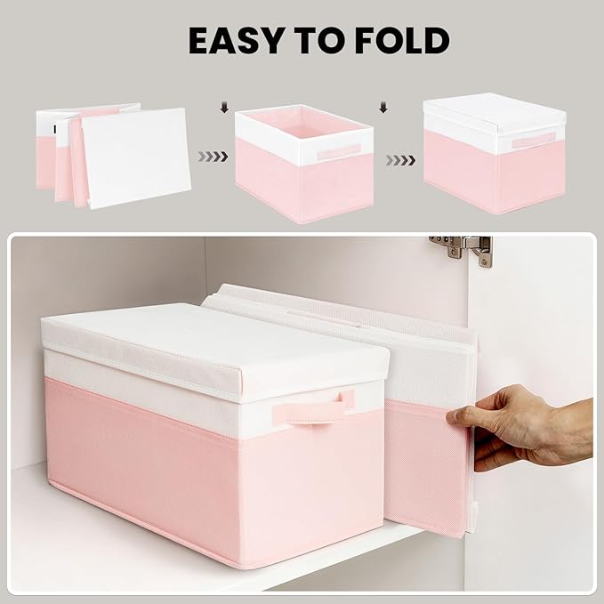 Large Closet Organizer Bins with Lids 8 Pack - Pink Storage Baskets for Shelves Nursery Bedroom Dorm RV - Stackable Decorative Closet Organization Box with Handles for Clothes Purse Blanket Towel