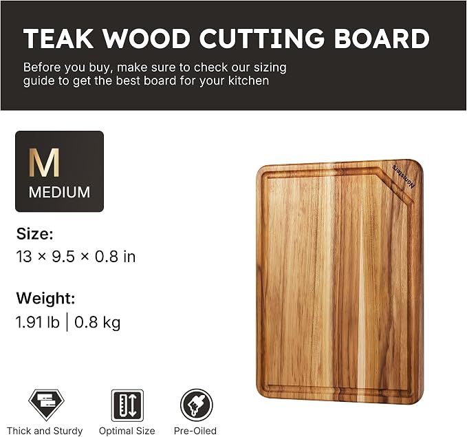 13'' Teak Wood Cutting Board for Kitchen Non Slip Over Sink Charcuterie Board Serving Heavy Duty Non Toxic Wooden Chopping Board Thick Haus Organic Edge Grain Wood House Warming Hostess Host Gift