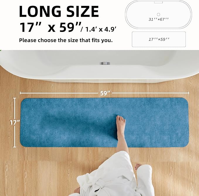 TYUU Bathroom Mat Quick Dry, Bathroom Rugs Non Slip Washable Thin Absorbent Bath Mat Fits Under Door Bathroom Floor Mat Perfect for Bath, Shower, or Sink 17"x59" Denim Blue