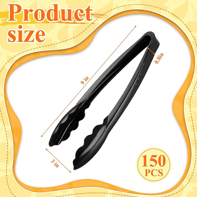 Tessco for you 150 Pcs Plastic Tongs for Serving Bulk, 9 Inch Plastic Disposable Serving Tongs, Heavy Duty Salad Tong for Kitchen, Buffet, BBQ, Events & Catering (Black)