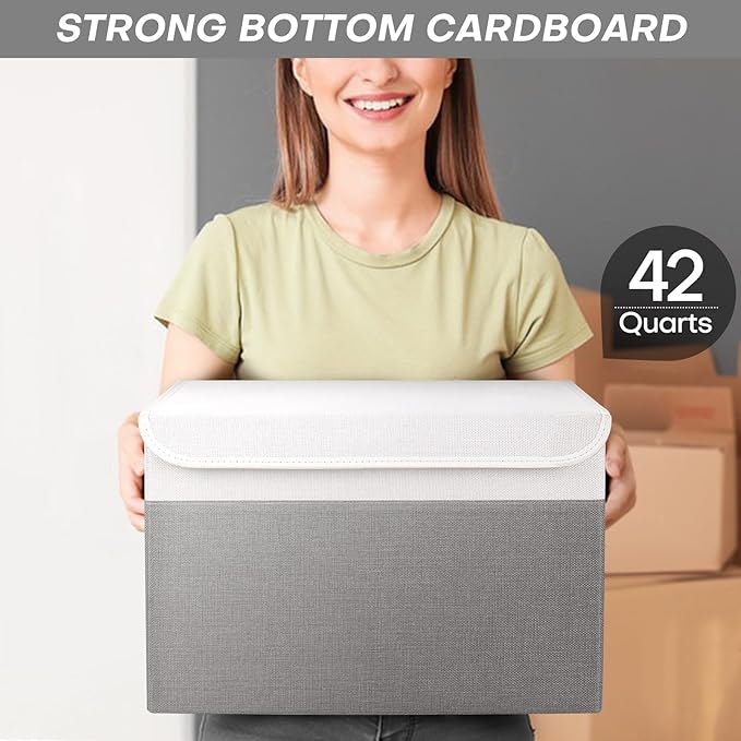Bagnizer Large 17" 42 Quarts Collapsible Stackable Storage Bins with Lids [3-Pack] Foldable Fabric Linen Storage Boxes Cube, Closet Organizer Baskets with Label (16.7 x 12 x 12, Gray & White)