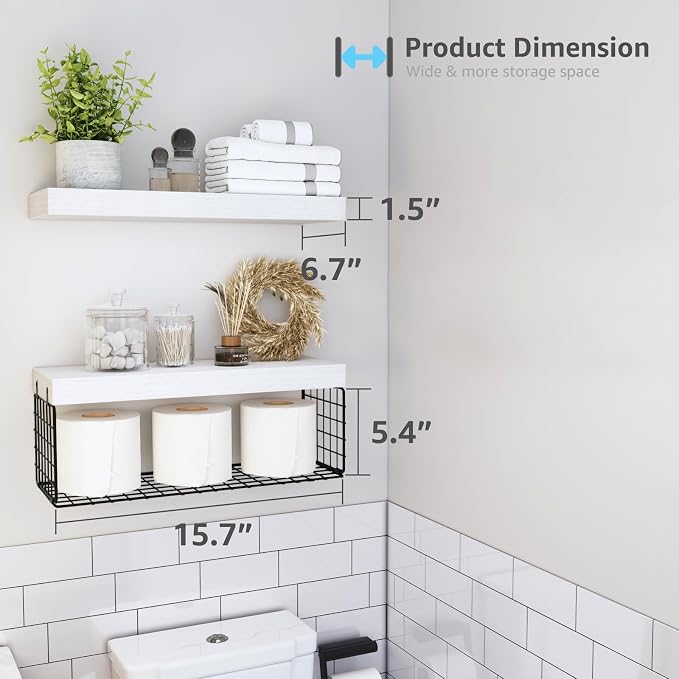 QEEIG Bathroom Shelves Over Toilet - Wall Mounted Floating Shelves Toilet Paper Storage Small Farmhouse Decor Shelf 16 inch Set of 2, White and Black (019-WB2)