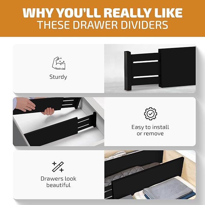 6-Pack Drawer Dividers 6 Inch High, 11”-17" Adjustable Bamboo Organizers Large Expandable Drawer Separators for Cloths, Dresser, Bedroom, Bathroom, Baby Drawer, Office & Kitchen Utensils (Black)