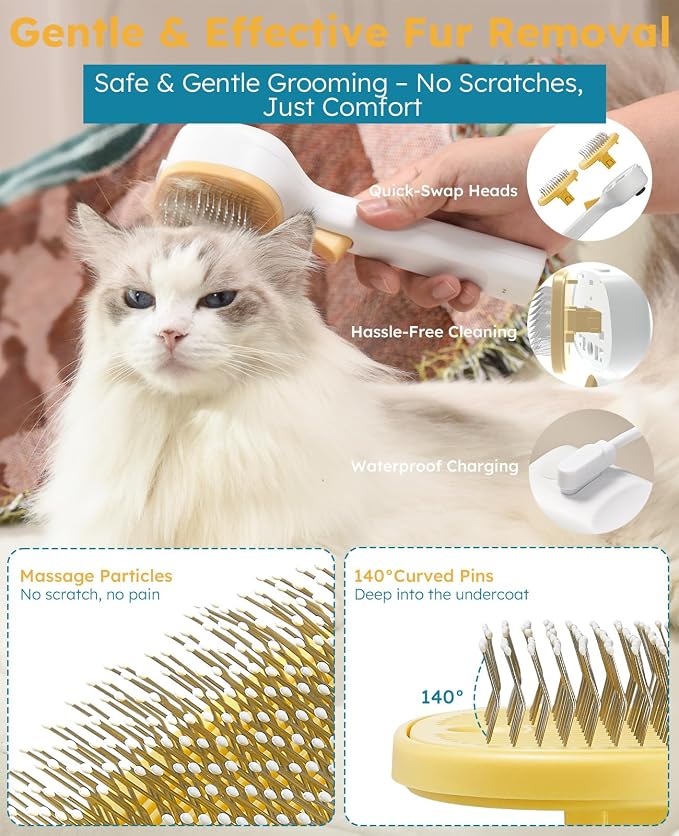 Cat Steam Brush for Cats & Dogs, Pet Steam Brush 3-in-1 with 2 Mist Modes, One-Touch Self Cleaning, Magnetic Safe Charging, Cat Hair Brush for Shedding, Dog Brush for Shedding, Yellow (Short Head)