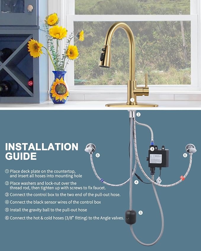 Touchless Kitchen Faucet Stainless Steel: WOWOW Smart Motion Sensor Kitchen Sink Faucet with Sprayer, Automatic Hand-Free Brushed Gold Kitchen Faucet for Sink 1 or 3 Hole