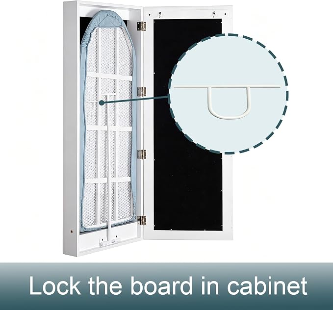 Slim Wall Mounted Ironing Board Cabinet with Mirrored Door, White | 4.3''W|Clothing Hook|Just 15 Minutes to Assemble|Foldable Ironing Board|High-Temperature Resistant Materials