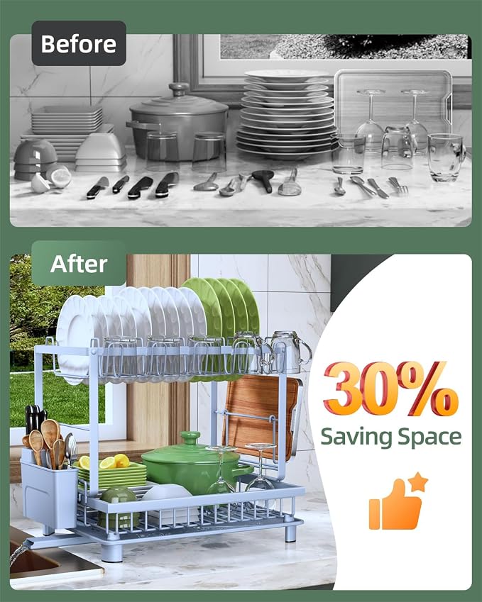 Dish Drying Rack 2-Tier Dish Racks with Drainboard, Rustproof, Space-Saving Dish Rack, Utensil & Cup Holder for Kitchen Counter, Blue