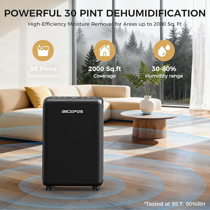 2000 Sq.Ft Dehumidifier for Basement, 30 Pints Dehumidifiers for Home with Drain Hose, 0.52 Gal Water Tank, Intelligent Humidity Control Auto Shut Off for Bathroom, Laundry, RV, Office
