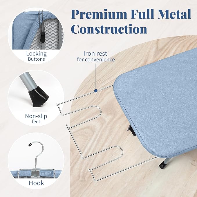 Small Ironing Board Tabletop 31"x12" Blue | BlissBoard Mini Folding Portable Iron Board with Cover, Pad & Non-Slip Feet, Compact Table for Travel