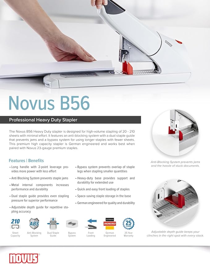 Novus B56 Heavy Duty Stapler, 200 Sheet Capacity, Anti-Jam, 3" Stapling Depth w/ Adjustable Guide, Staple Bypass, German Engineered (023-0059)